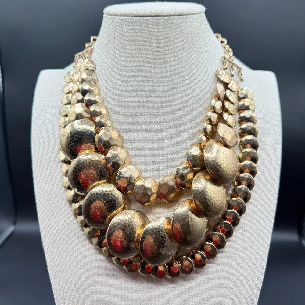 Gold Tone Hammered Disc Multi Strand Statement Bib Necklace Bold Chunky Layered